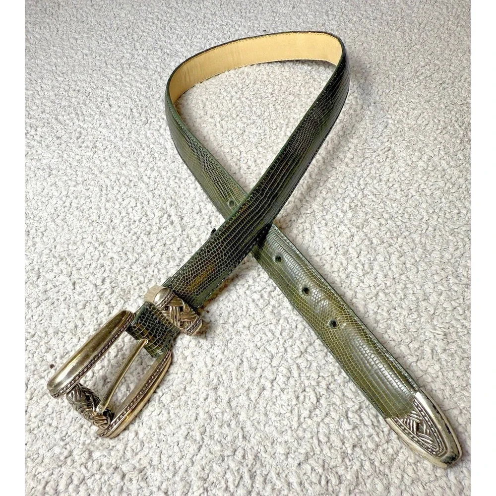 Brighton Women Leather Belt Small Green Snake Embossed Silver Buckle Made in USA